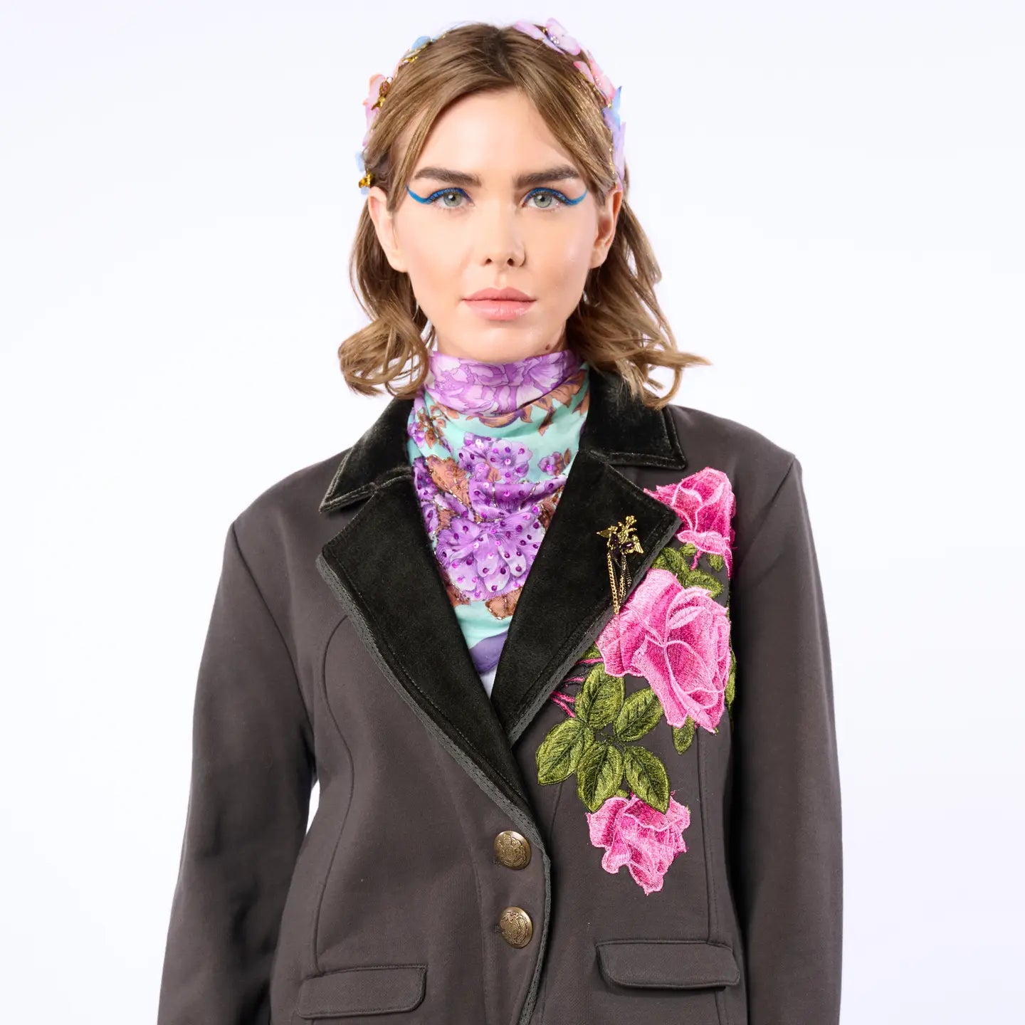 Blazer: Colonel Embroidered Floral Knit - Vintage Charcoal