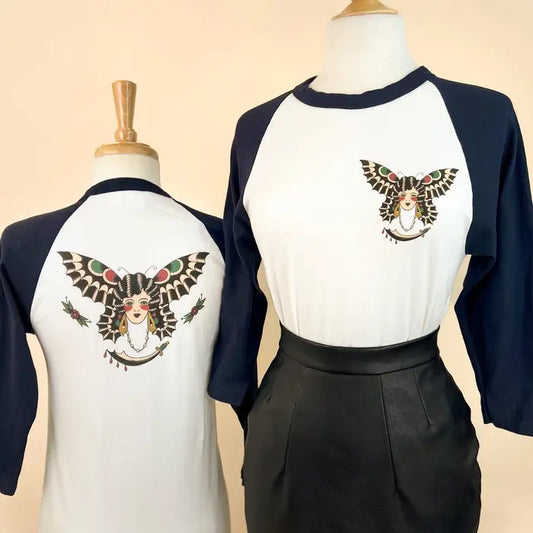 T-Shirt: Butterfly Lady Unisex Raglan Tee in Natural/Navy (Unisex)