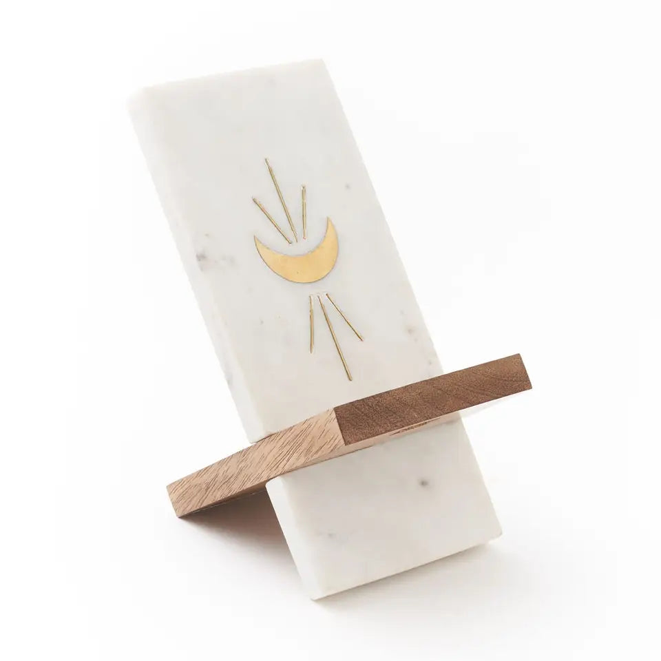 Phone Stand: Moon Phase Marble, Mango Wood & Brass