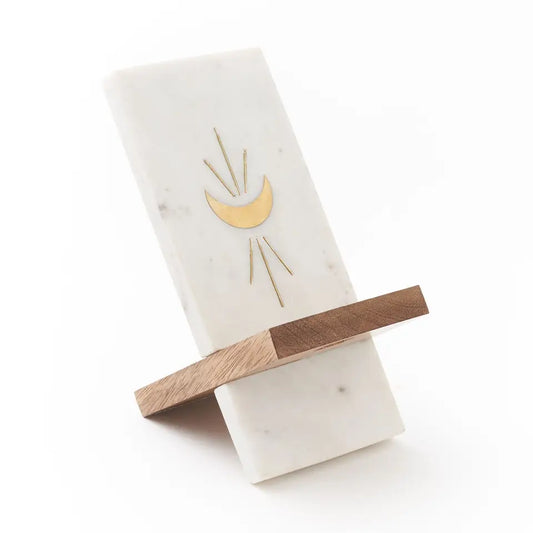Phone Stand: Moon Phase Marble, Mango Wood & Brass
