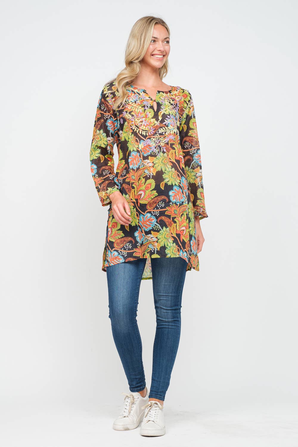 Tunic: Carlyle Black and Apple Green Printed Embroidered