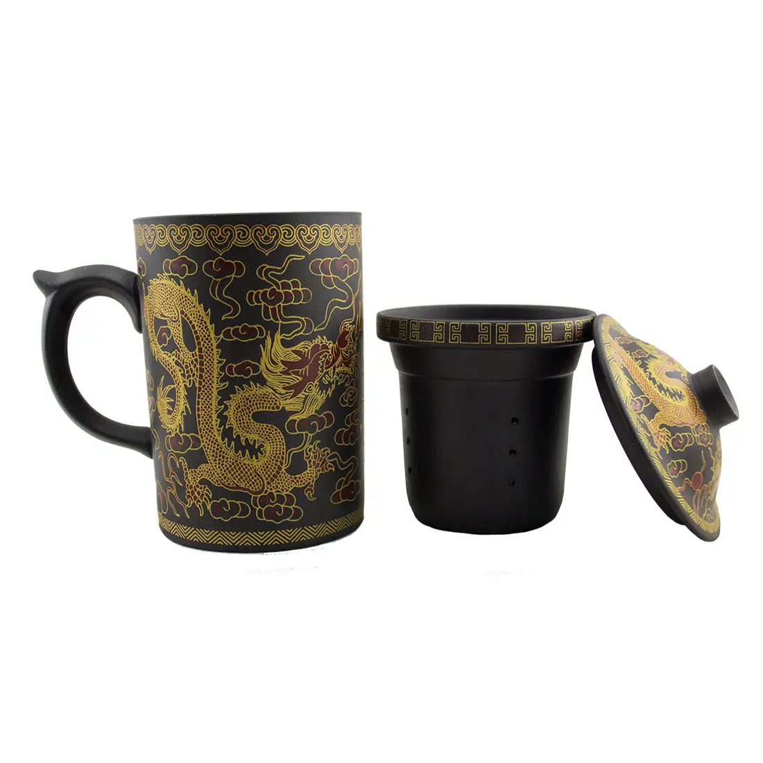 Tea Pot: Yi Xing Clay Strainer Mug with Gold Dragon