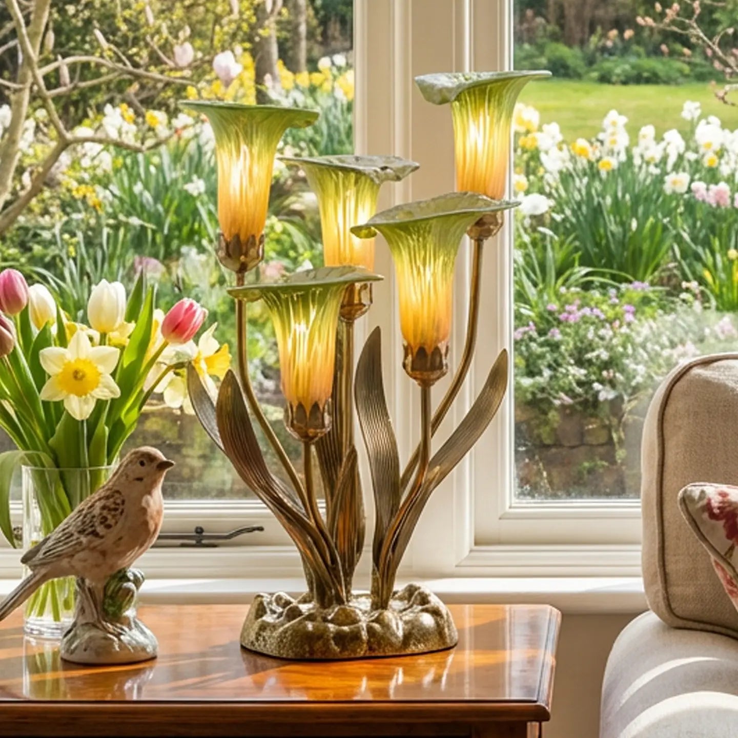Lamp: Green Hand Blown Glass with 5 Calla Lilies