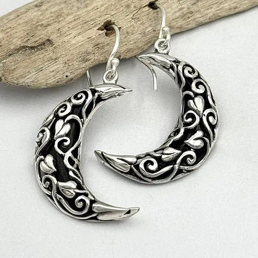 Earrings: Sterling Silver Vines On Hand Carved Bone (Tea or Black)