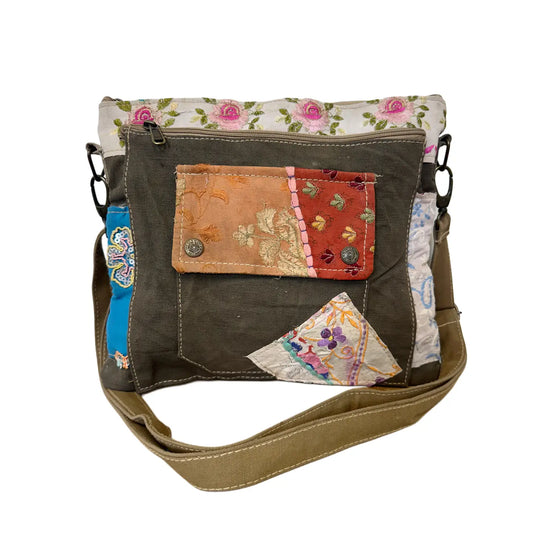 Crossbody: Recycled Military Bag with Embellishments (Two Styles)