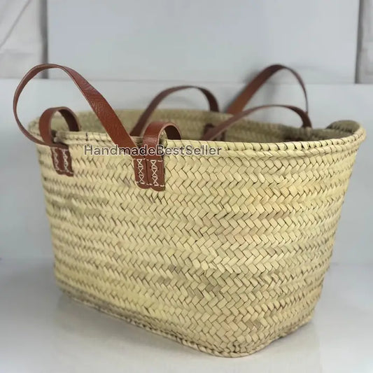 Basket: Handmade Square Straw Basket with Leather Handles