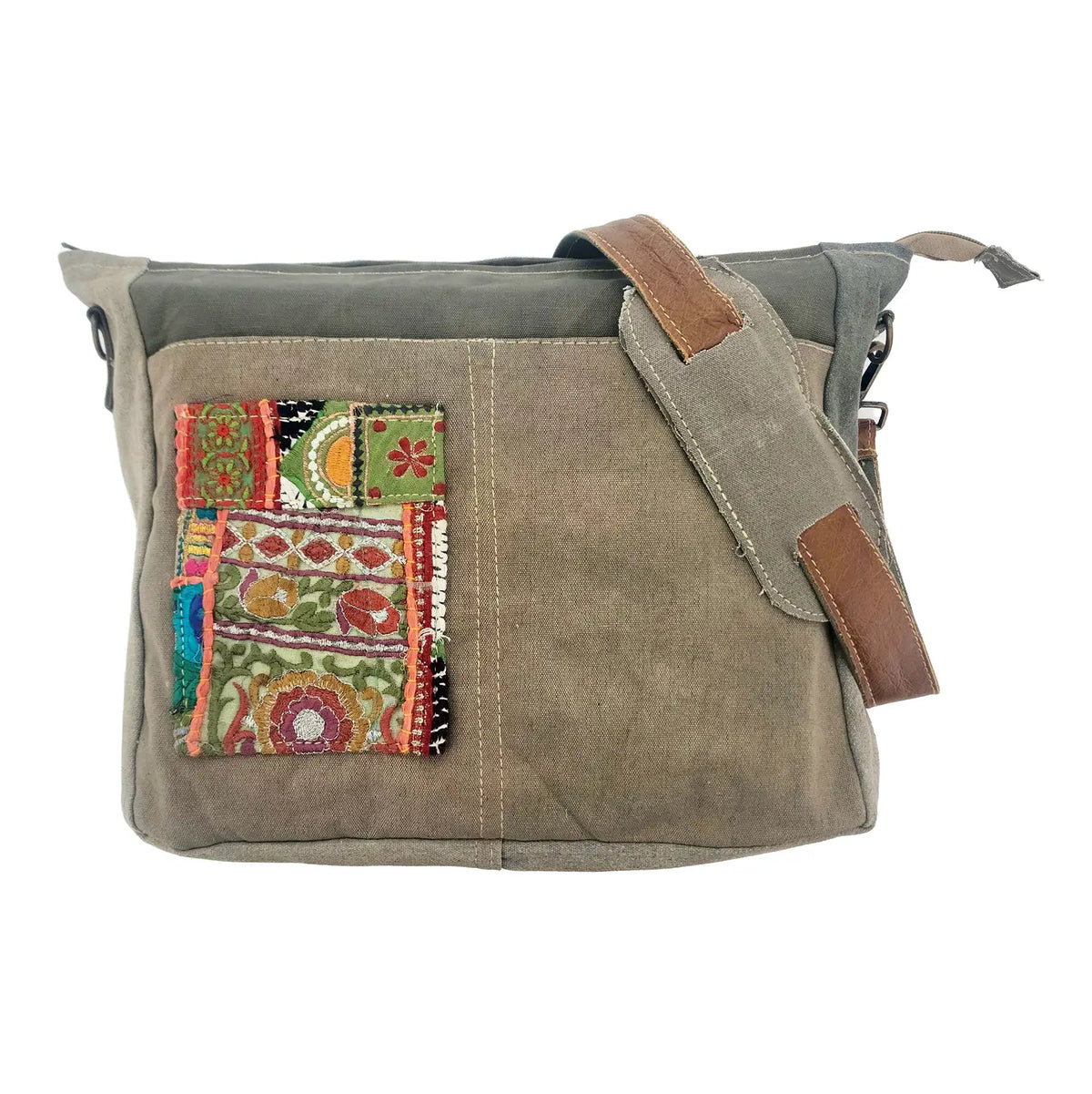Crossbody: Recycled Military Tent with Fabric Pocket
