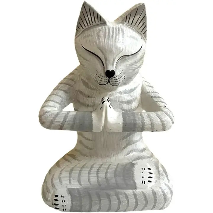 Wooden Meditation Cat (White)