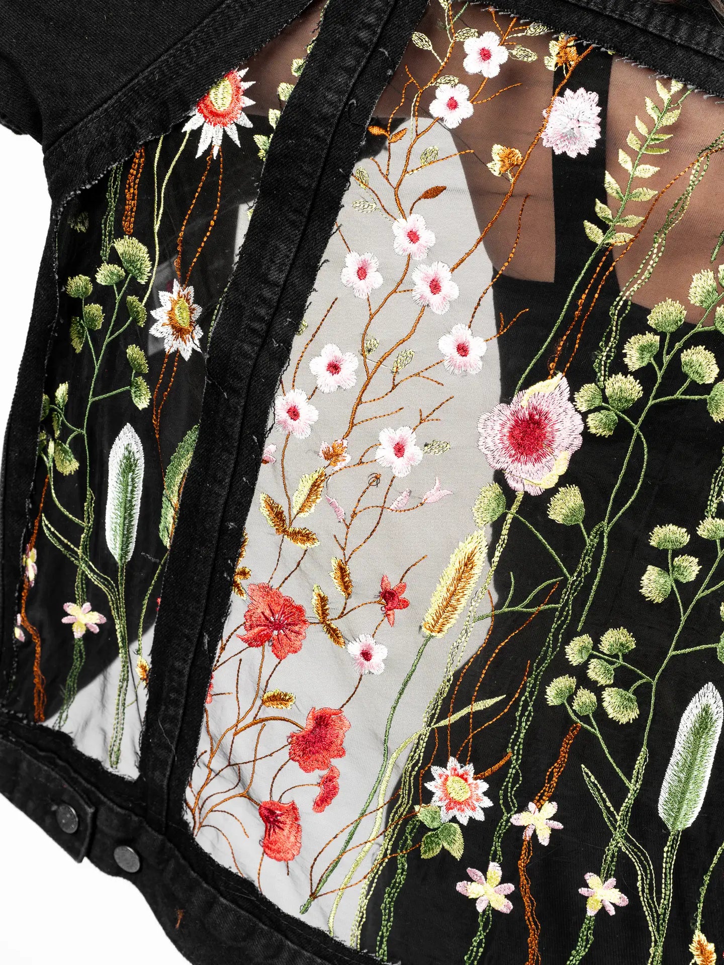 Jacket: Black Floral Half Lace Denim Jacket