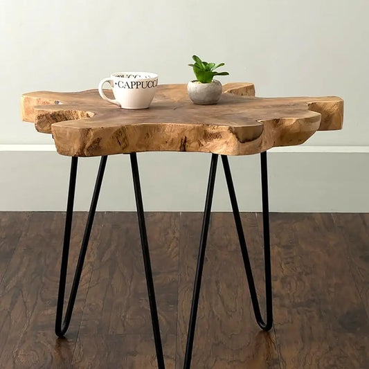 Table: Teak Wood Slab Live Edge End Coffee Table with Hairpin Legs