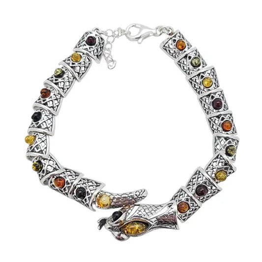 Bracelet: Multi Color Amber Sterling Silver Snake Link