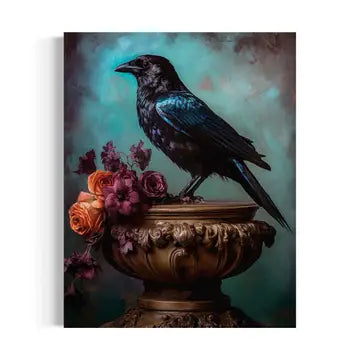 Art Prints: Black Raven with Flowers