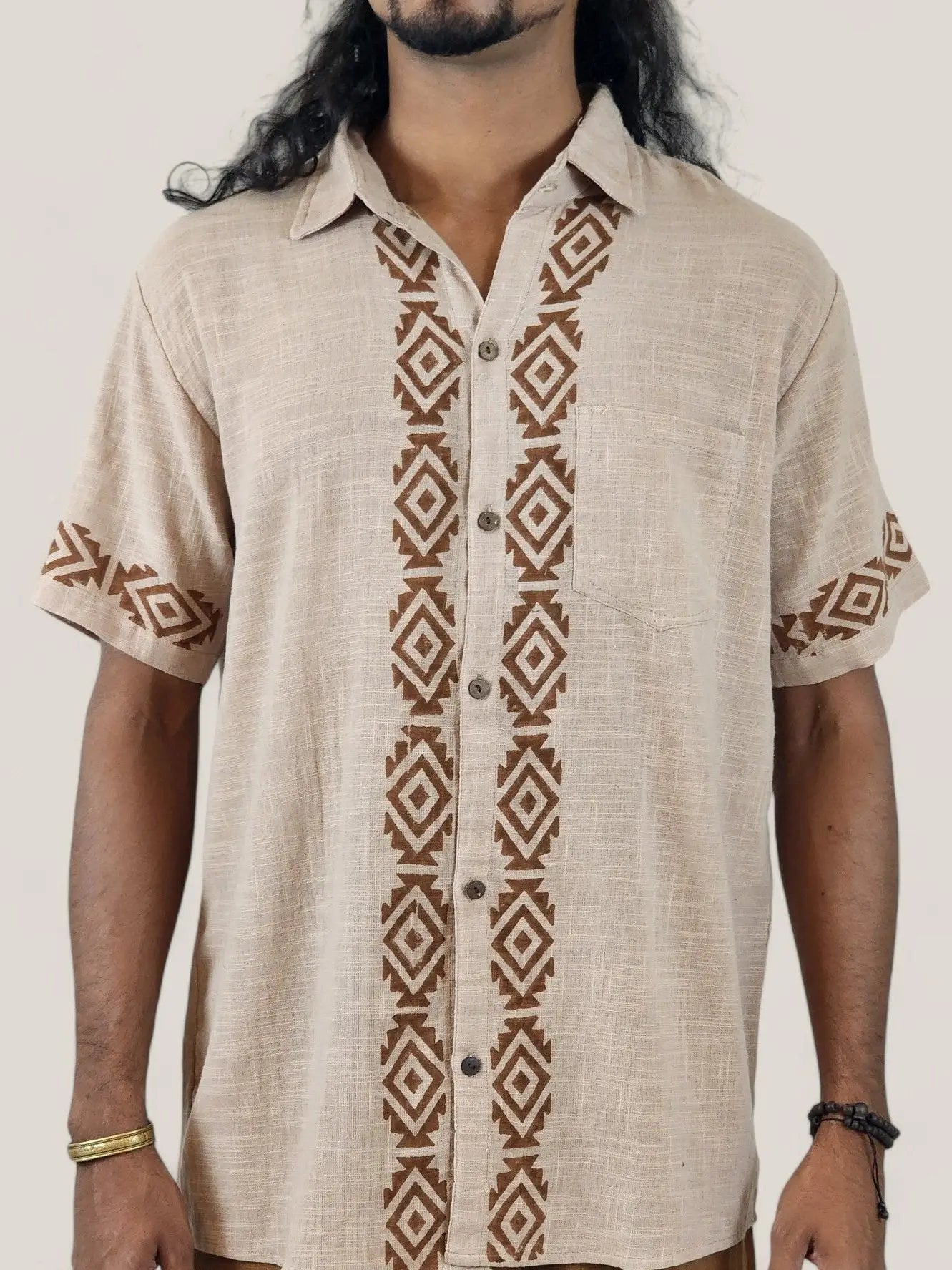 Button-Up Shirt: Block Print Organic Linen(Two Colors)
