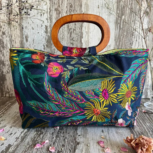 Handbag: Floral with Wooden Handles