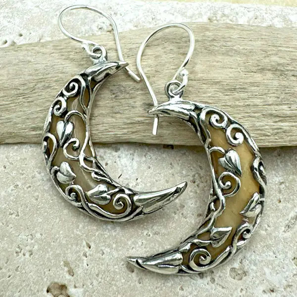 Earrings: Sterling Silver Vines On Hand Carved Bone (Tea or Black)