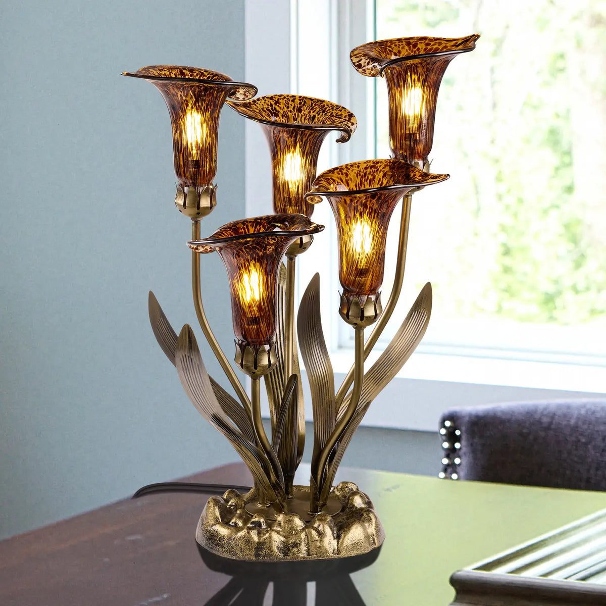 Lamp: Brown Hand Blown Glass with 5 Calla Lilies
