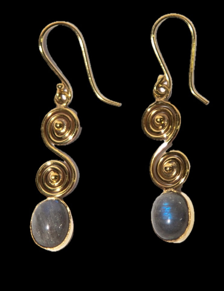 Earrings: Spiral stone polished brass earrings