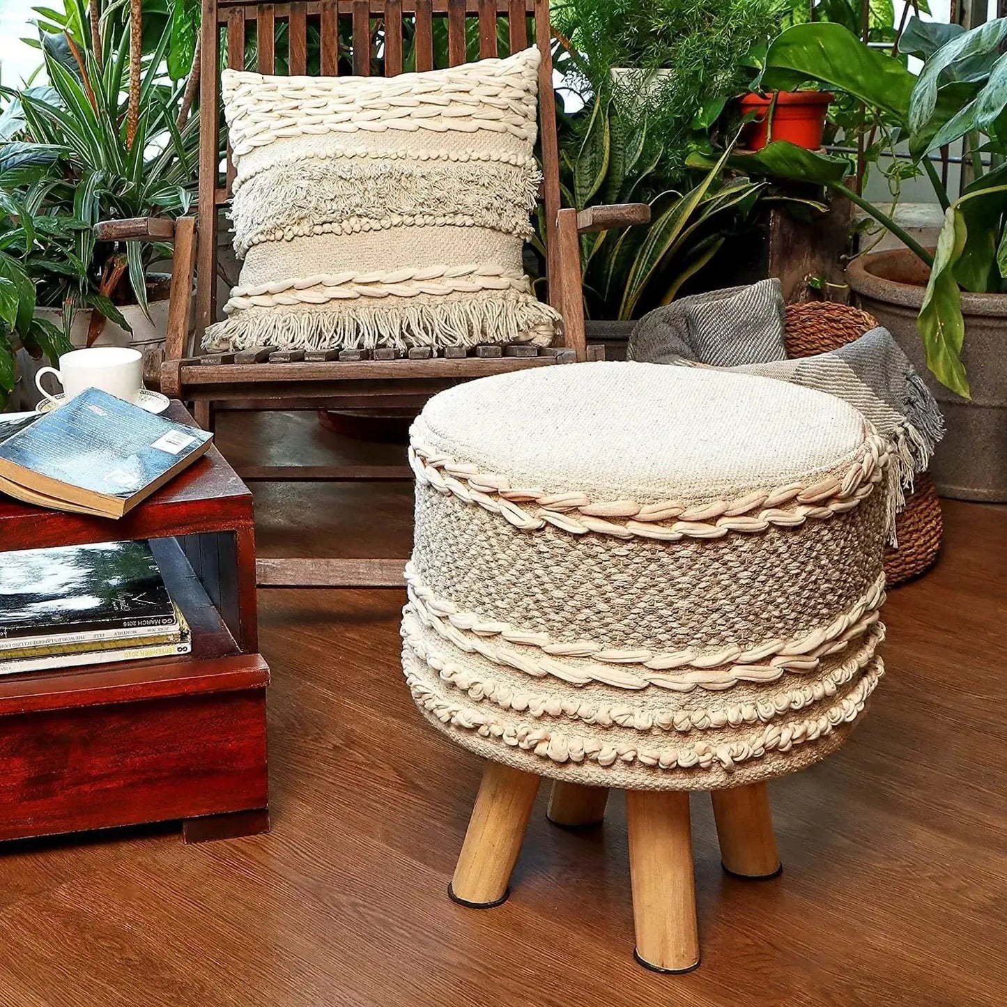 Ottoman: Handmade Wooden Footstool - Taupe