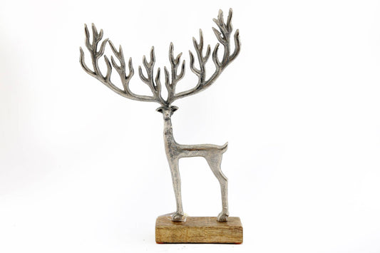 Statue: Silver Metal Deer On Wood Base