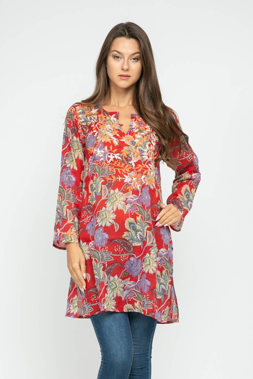 Tunic: Carlyle Red Printed Embroidered