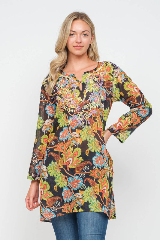 Tunic: Carlyle Black and Apple Green Printed Embroidered