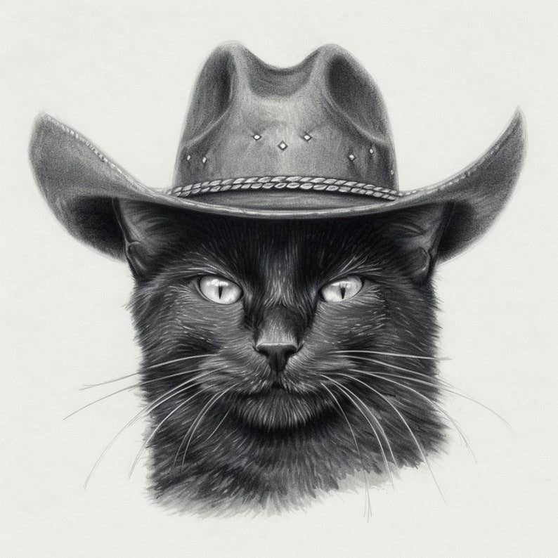 Art Print: Cowboy Black Cat Charcoal Drawing