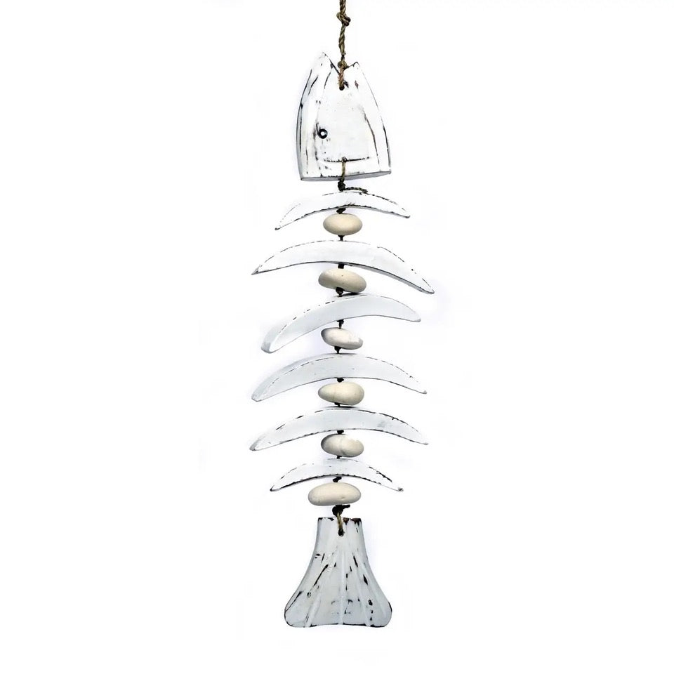 Chime: Wooden Bone Fish Wind Chime with Natural Stones