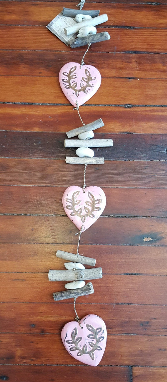 Chime: Wooden Hearts with Driftwood and Stones