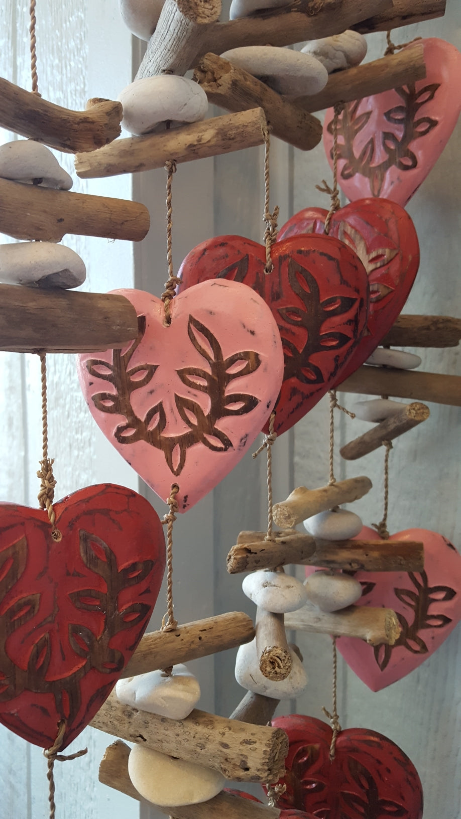 Chime: Wooden Hearts with Driftwood and Stones