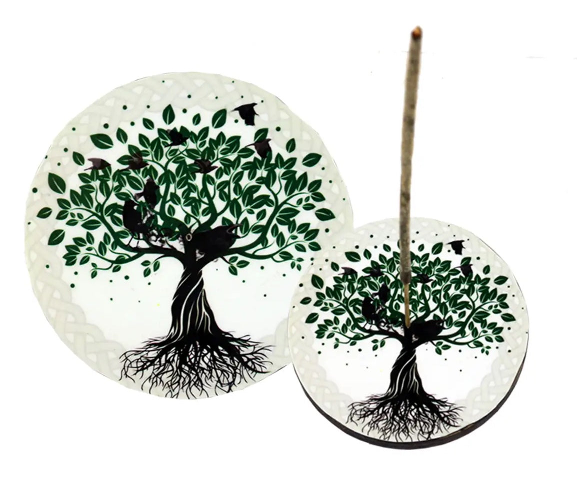 Incense: Round Wooden Ash Catcher Stand - Tree of Life
