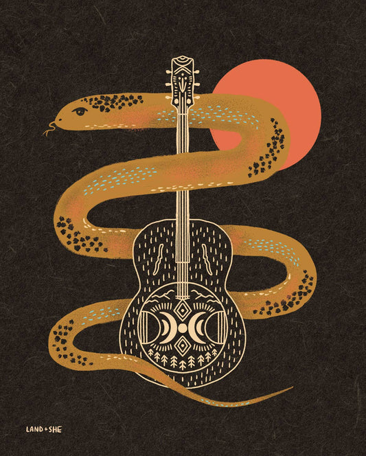 Art Print: Garter Snake & Boxcar Guitar