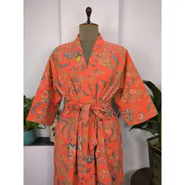 Robes: House Robe Summer Kimono Knitted Cotton Indian Block Printed
